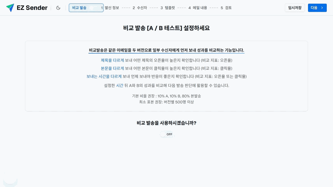 이지센더 비교 발송 안내와 꺼진 상태의 A/B 테스트 사용 토글