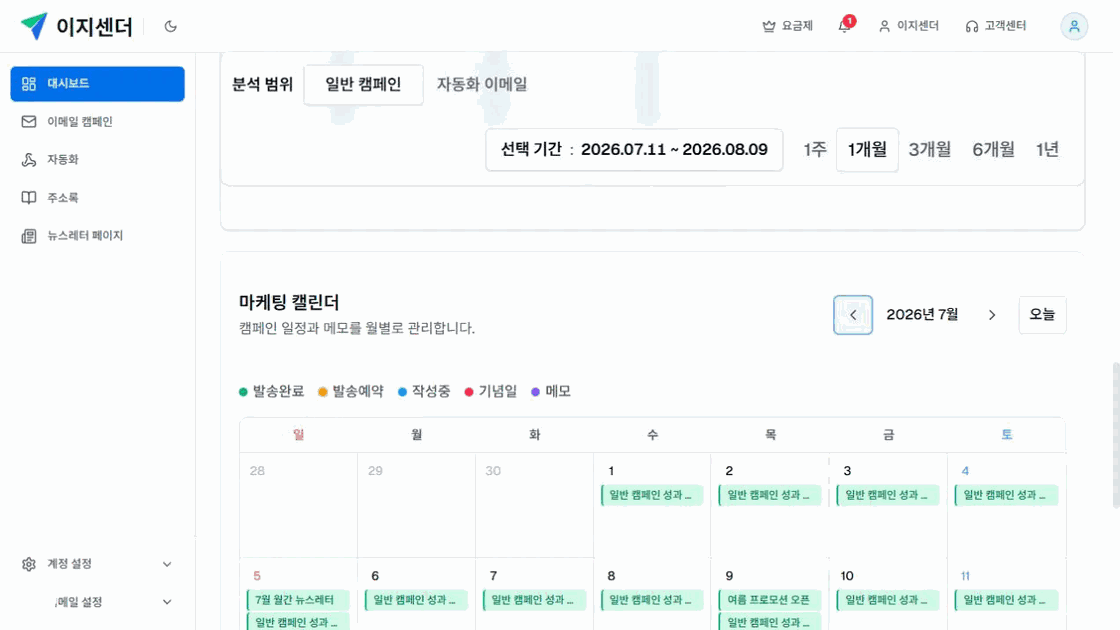 이지센더 2026년 7월 마케팅 캘린더에 발송 완료 캠페인과 주요 일정이 표시된 화면