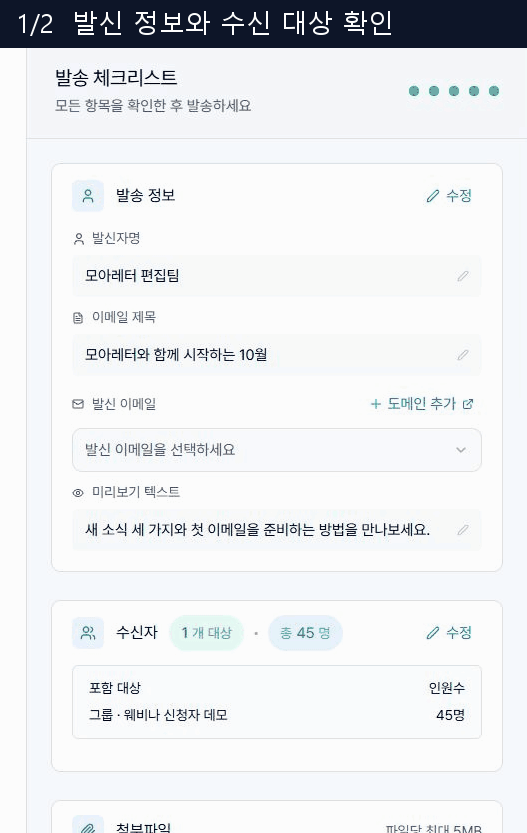 검토 화면의 발송 정보와 즉시·예약·페이지 발행 옵션
