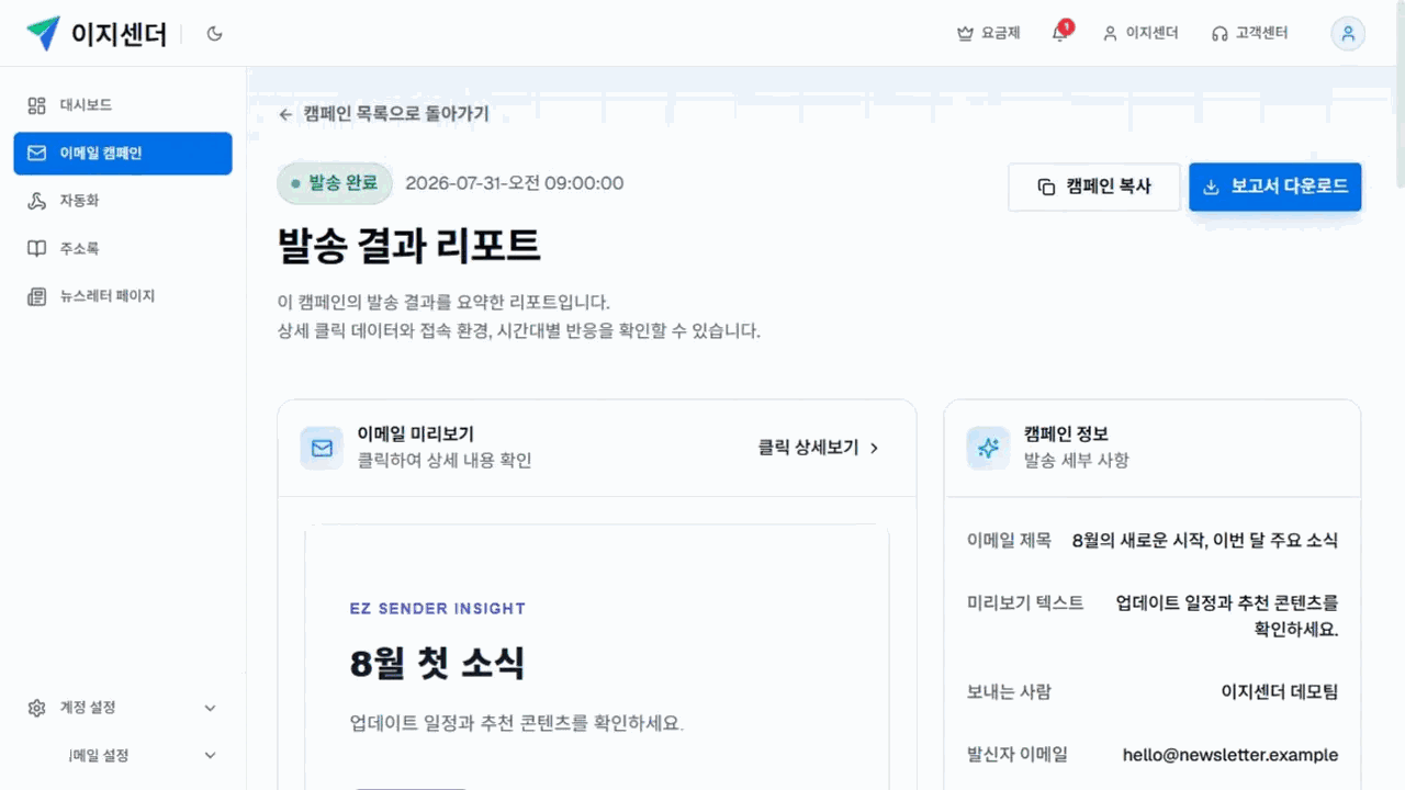 이지센더 캠페인 리포트 상단의 이메일 미리보기와 캠페인 기본 정보