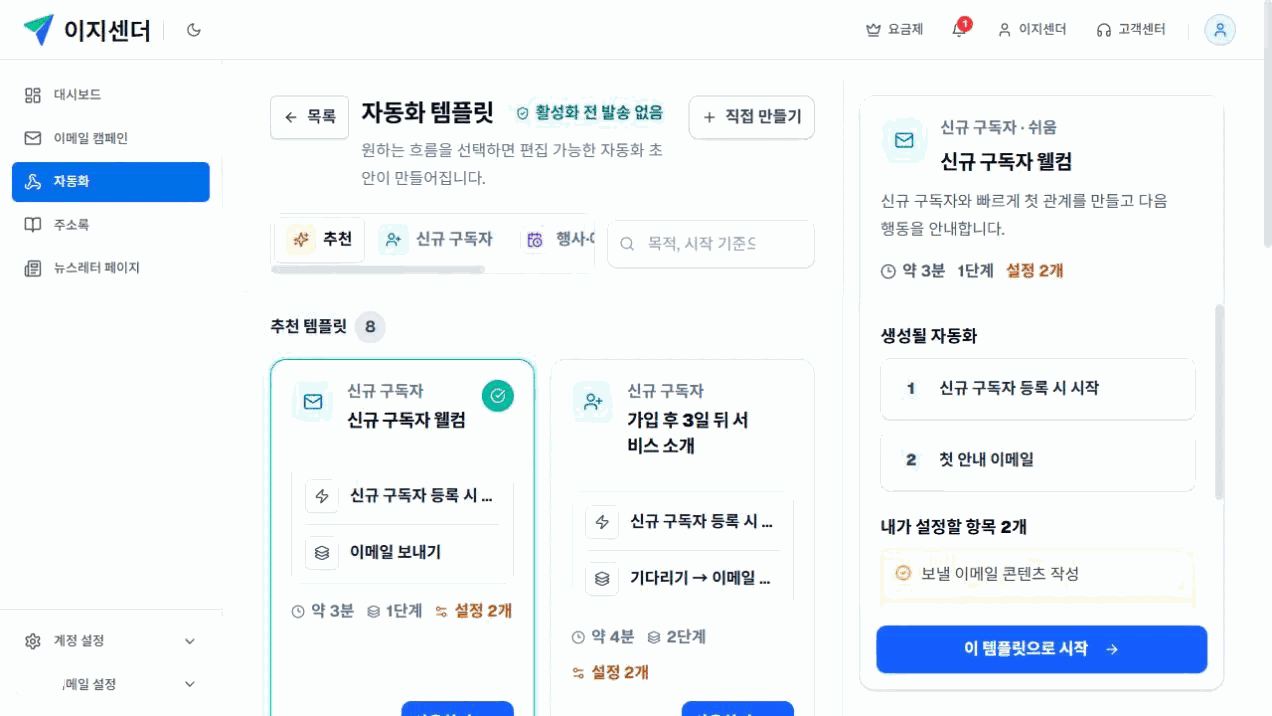 이지센더 자동화 템플릿 목록에서 신규 구독자 웰컴 템플릿과 오른쪽 흐름 미리보기를 선택한 화면