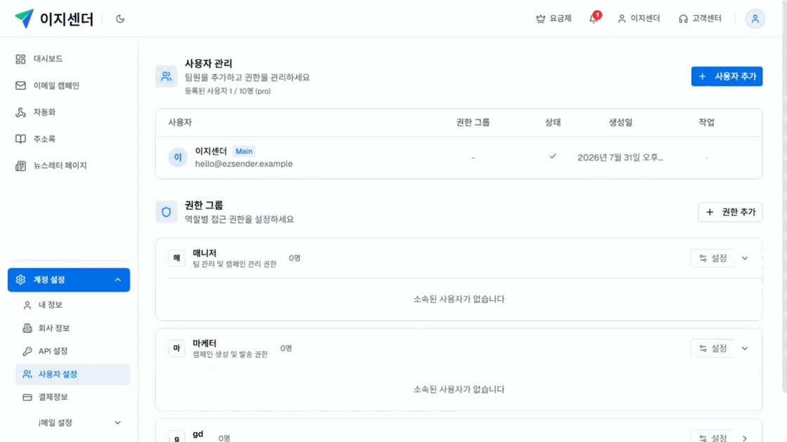 이지센더 사용자 설정의 권한 그룹 목록과 소속 인원