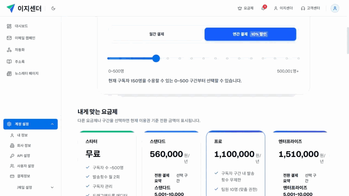 이지센더 구독자 구간·월간 연간 결제 선택과 스타터·스탠다드·프로·엔터프라이즈 요금제 카드