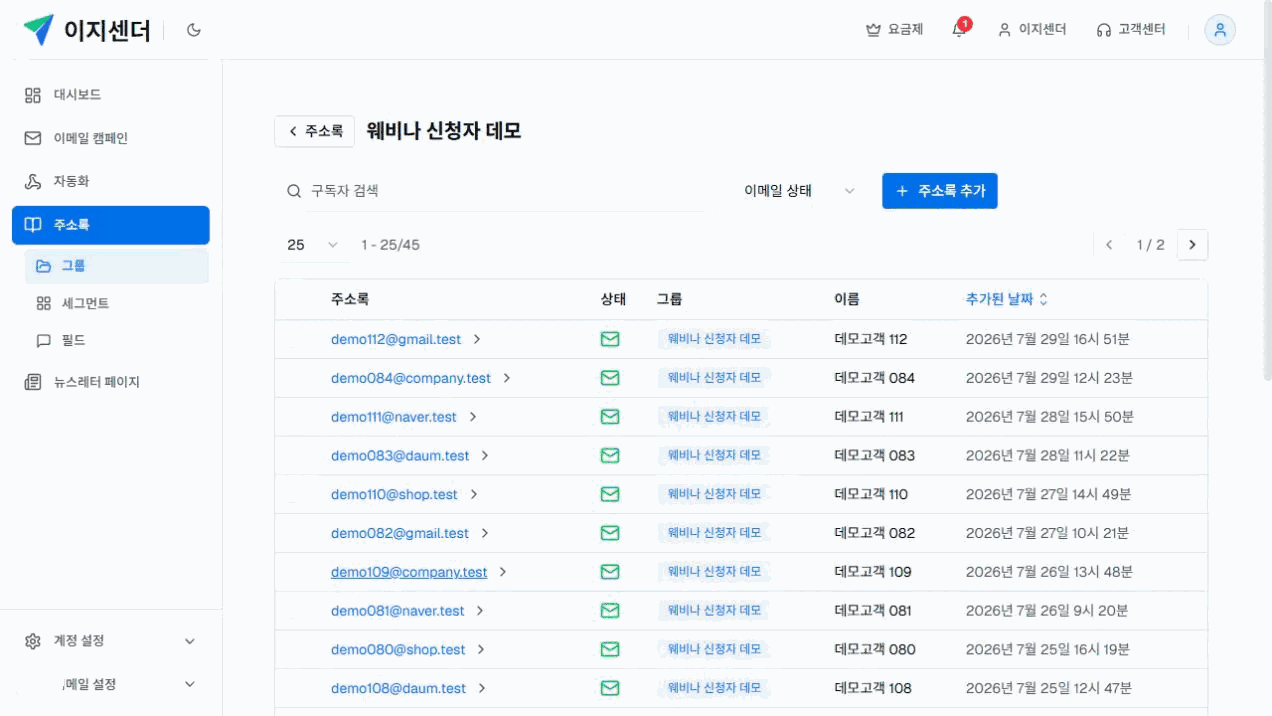 이지센더 웨비나 신청자 그룹 상세의 검색·상태 필터와 구독자 목록