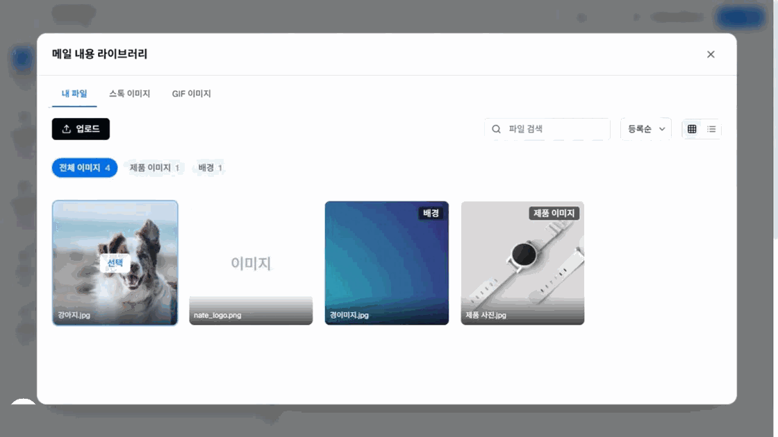 이지센더 뉴스레터 페이지의 메일 내용 라이브러리 내 파일·스톡·GIF 탭과 이미지 검색·업로드