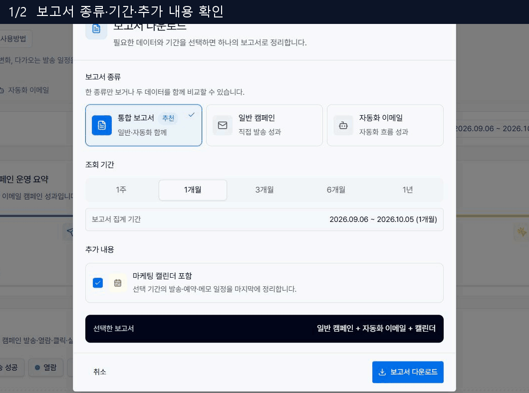 보고서 다운로드 창에서 통합 보고서와 일반 캠페인을 선택하는 화면