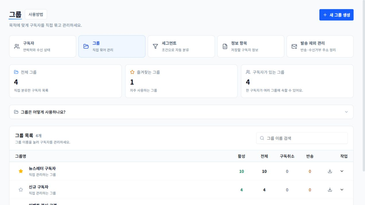 이지센더 주소록에서 그룹과 세그먼트를 관리하는 실제 화면